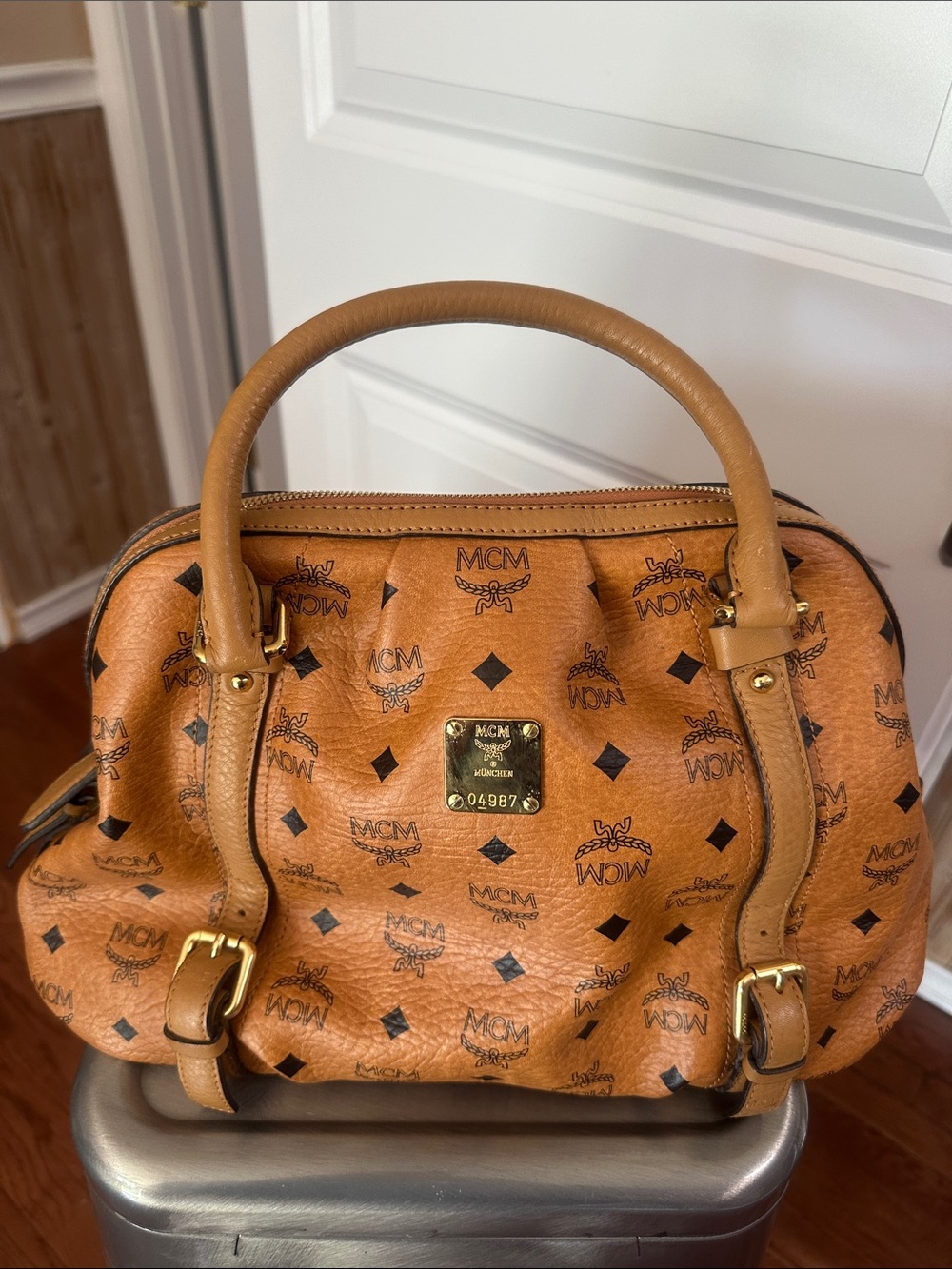 MCM Cognac Visetos Logo Satchel with Gold Plaque